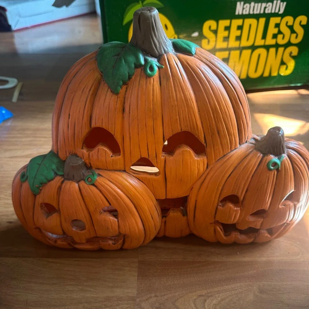 Jack O Lantern Trio Orange Halloween Pumpkin Decor Vintage